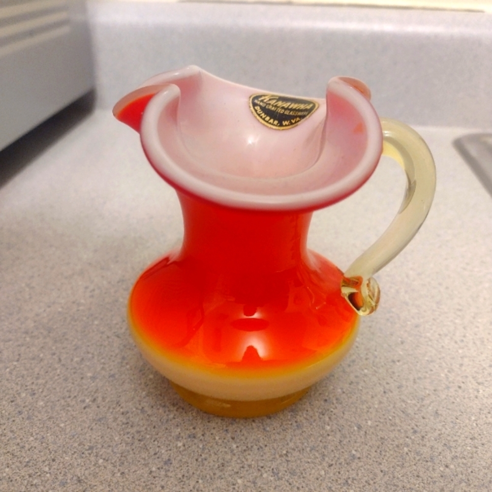 Vintage Amberina Creamer Cased Glass MCM Cream Pitcher Red Orange Yellow White